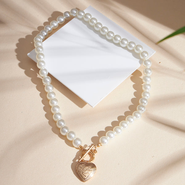 Pearl Necklace With Gold Plated Heart Pendant