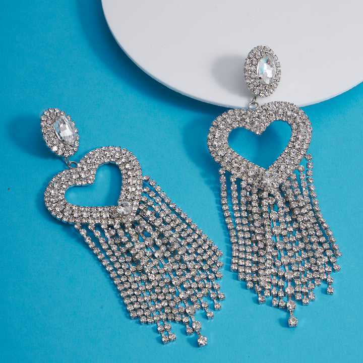 Rhinestone Heart & Tassel Drop Earrings - Sollak Designs