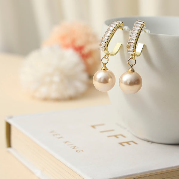 Gold Plated Beautiful Korean AD and Pearl Peach Circle of Life Drop Earrings - Sollak Designs