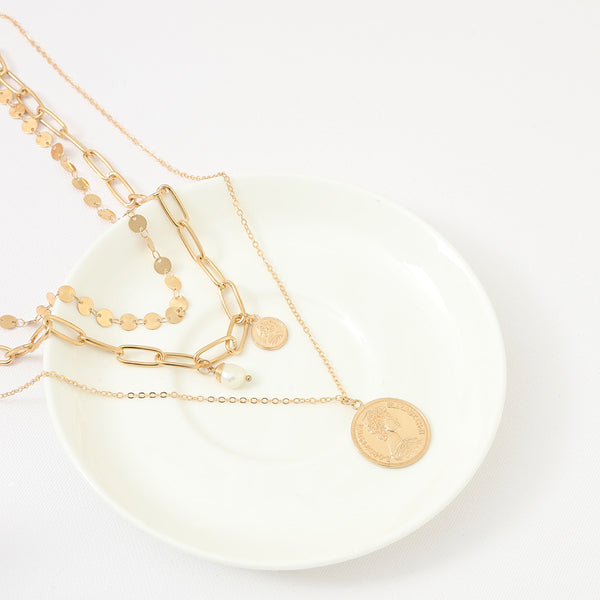 Gold Plated Multilayered Necklace With Coin and Pearl Pendants