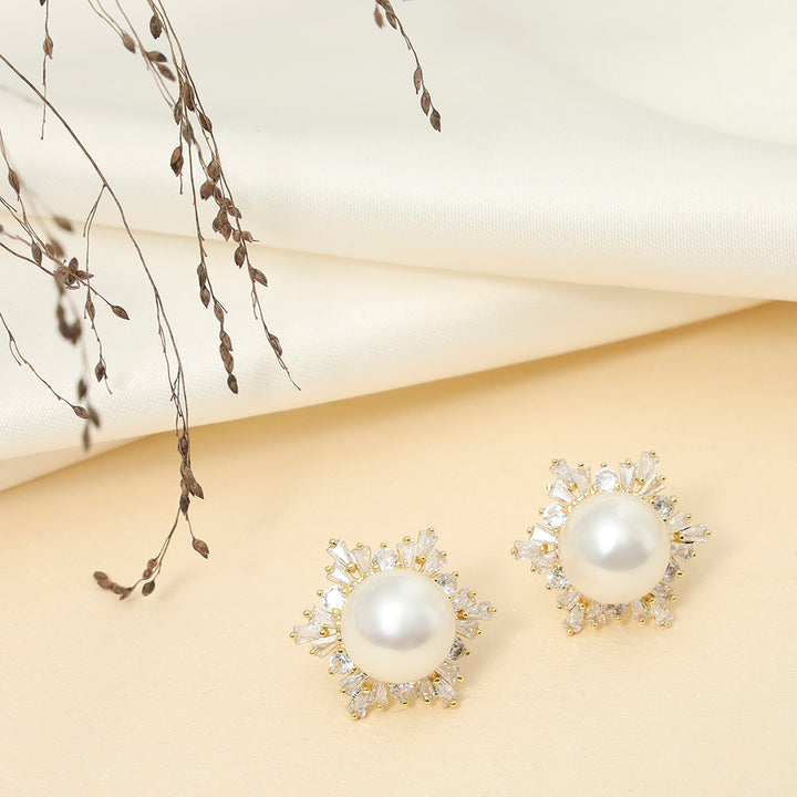 Zirconia Snow Flake And Pearl Studs - Sollak Designs