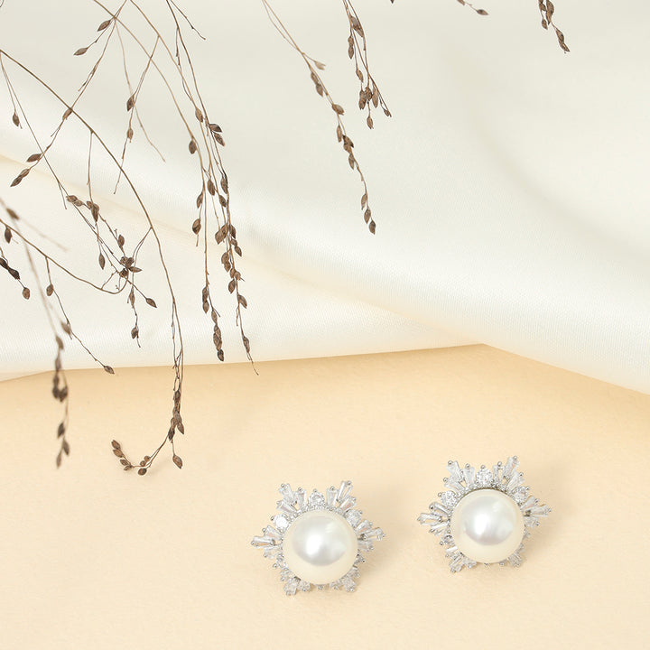 Zirconia Snow Flake And Pearl Studs - Sollak Designs