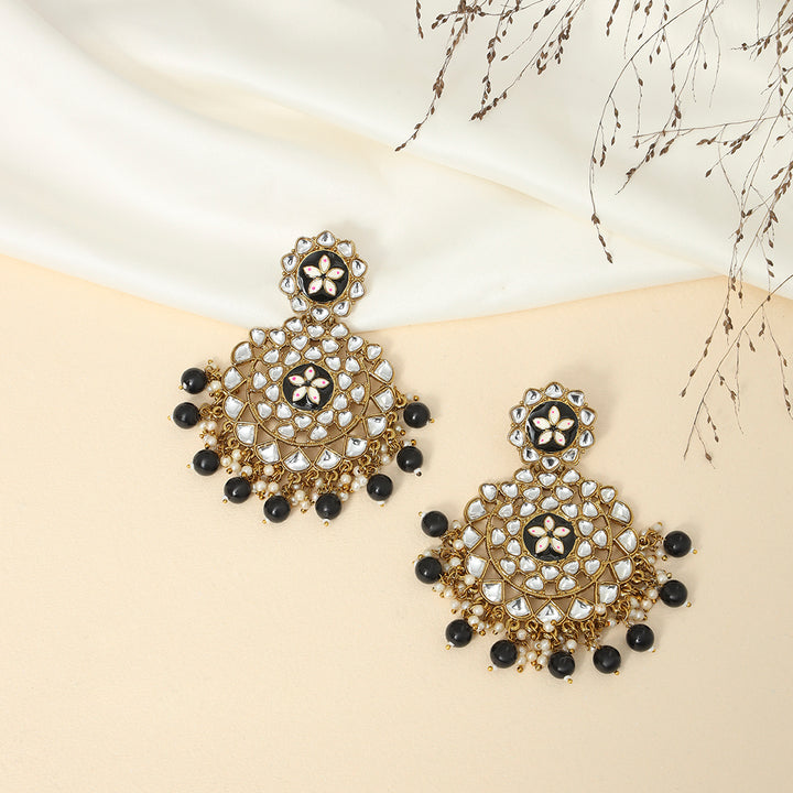 Floral Kundan & Beads Gold Plated Chandbali Earrings - Sollak Designs