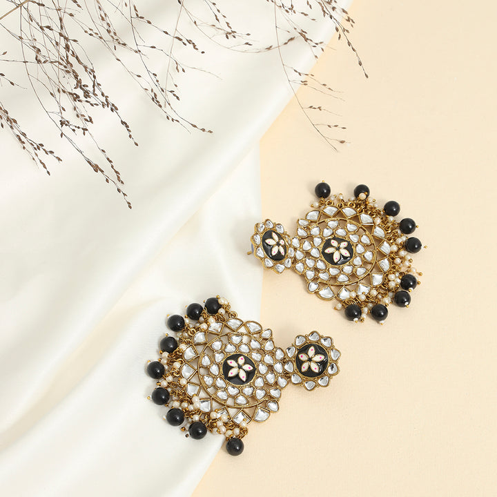 Floral Kundan & Beads Gold Plated Chandbali Earrings - Sollak Designs