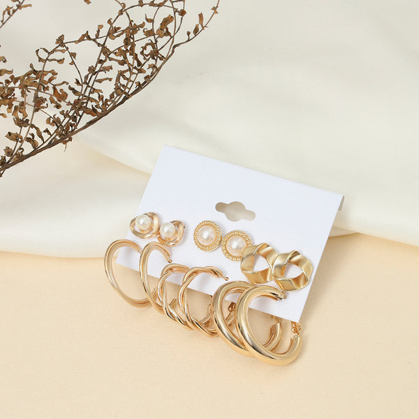 Gold Plated Contemporary Studs and Hoop Earrings Set of 6 - Sollak Designs