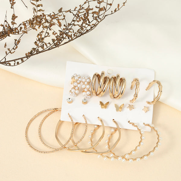 Gold Plated Contemporary Studs and Hoop Earrings Set of 9 - Sollak Designs