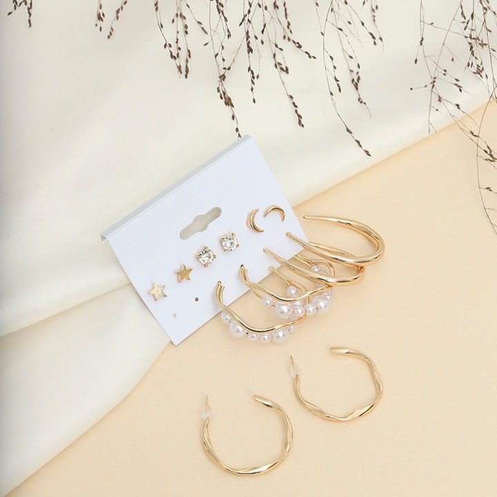 Gold Plated Contemporary Stars and Moon Studs and Hoop Earrings Set of 6 - Sollak Designs