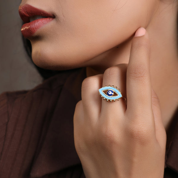 18K Gold Plated Evil Eye Stainless Steel Blue Enamel Eye Adjustable Ring