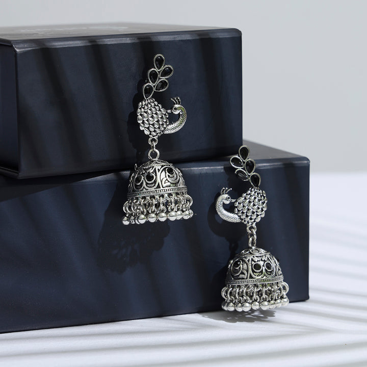 Glitzy Mayur Design Silver Plated Jhumkis - Sollak Designs