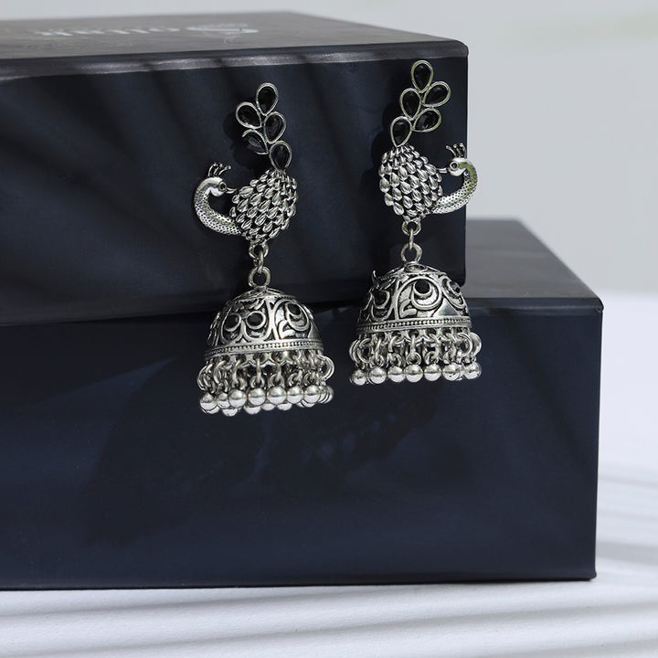 Glitzy Mayur Design Silver Plated Jhumkis - Sollak Designs