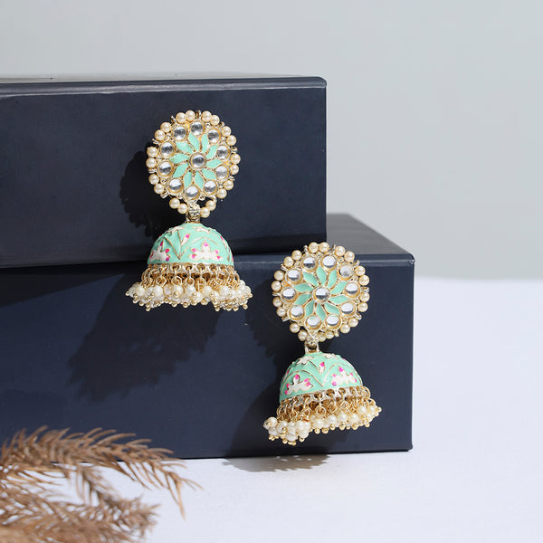 Gold Plated Pearl studded Green Traditional Jhumki - Sollak Designs