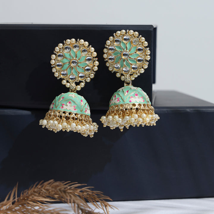 Gold Plated Pearl studded Green Traditional Jhumki - Sollak Designs