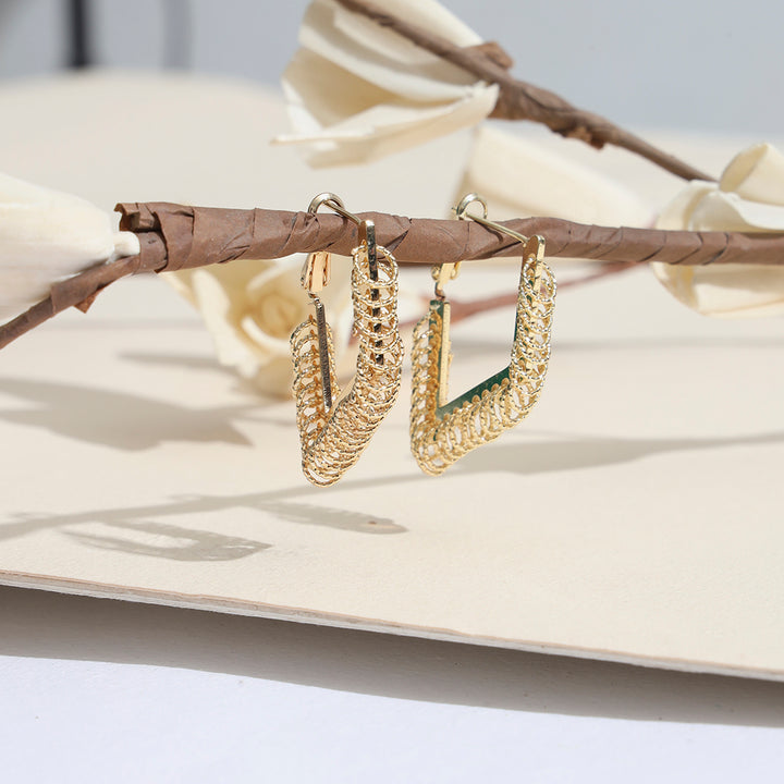 Gold Tone Rhombus Chain Hoop Earrings - Sollak Designs