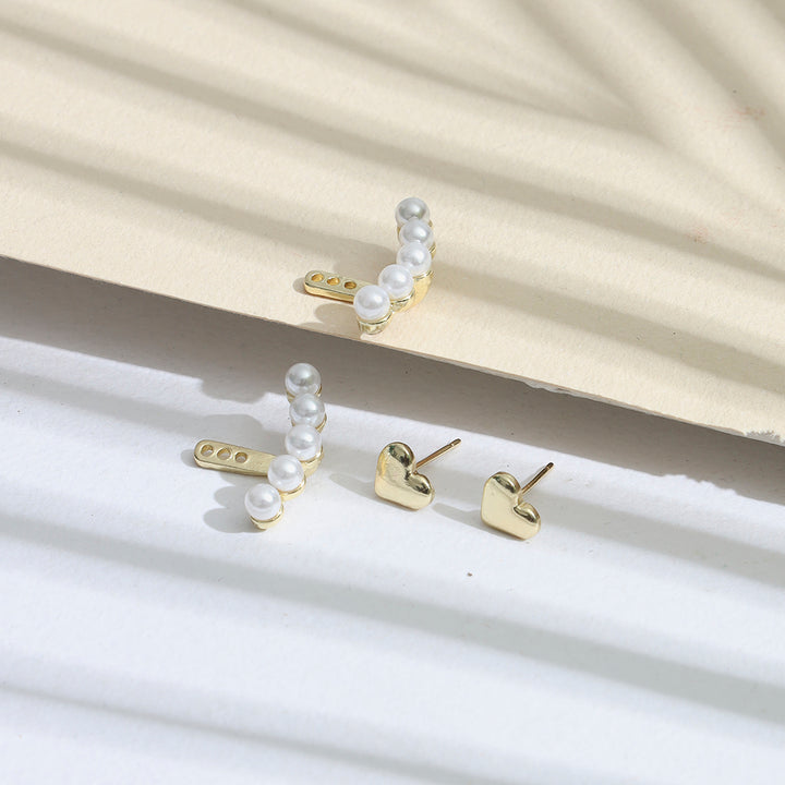 Gold Plated Beautiful Five-pointed Pearl Star Stud Earrings with Heart Pin - Sollak Designs