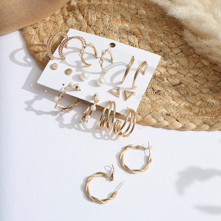 Gold Toned Gold Plated Contemporary Hoops and Studs Earring Set of 9 - Sollak Designs