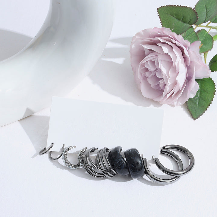 Black Silver Plated Black-Toned Contemporary Hoop earring Set of 5 - Sollak Designs