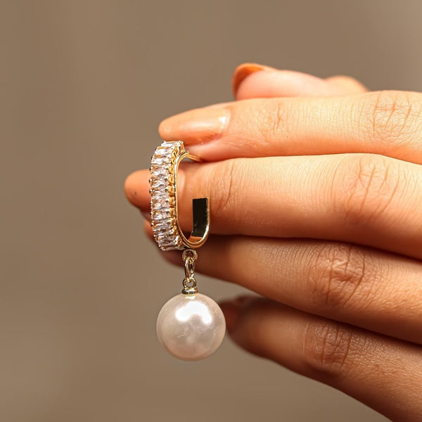 Gold Plated Beautiful Korean AD and Pearl Off White Circle of Life Drop Earrings