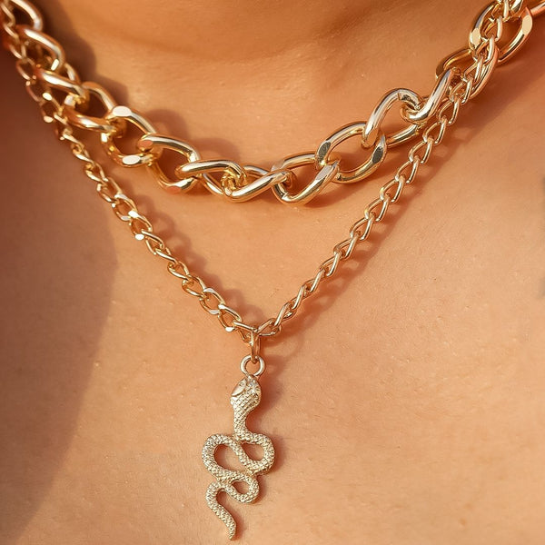 Gold Plated Layered Necklace With Snake Pendant