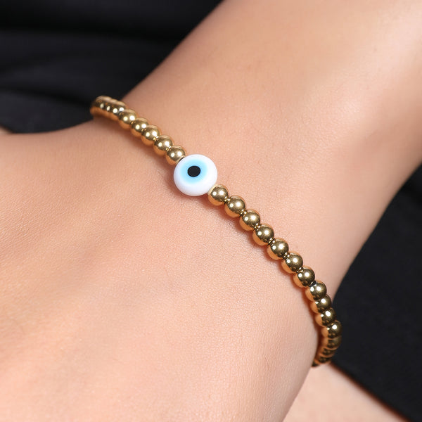 Evil Eye Gold Beaded Elastic Waterproof 18K Gold Plated Stainless Steel Bracelet