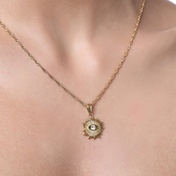 Sun Burst CZ Evil Eye Pendant Necklace