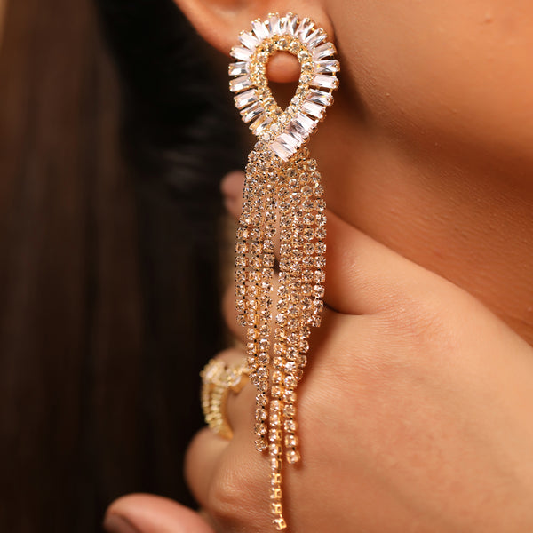 CZ Rhinestone Long Tassel Premium Statement Earrings