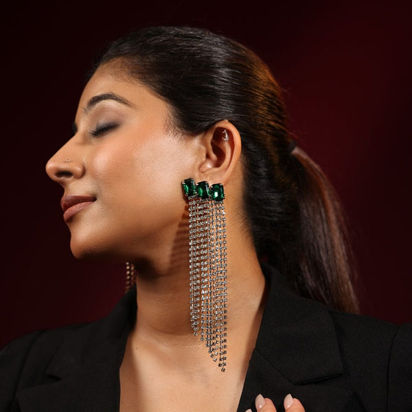 Triple Emerald Stones With WaterFall Rhinestones Statement Earrings