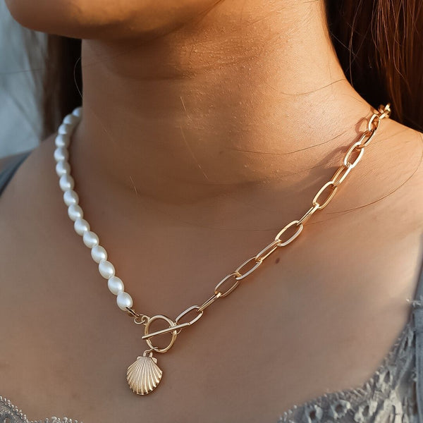 Shell Pendant With Link Chain Simulated Pearl Beads Necklace